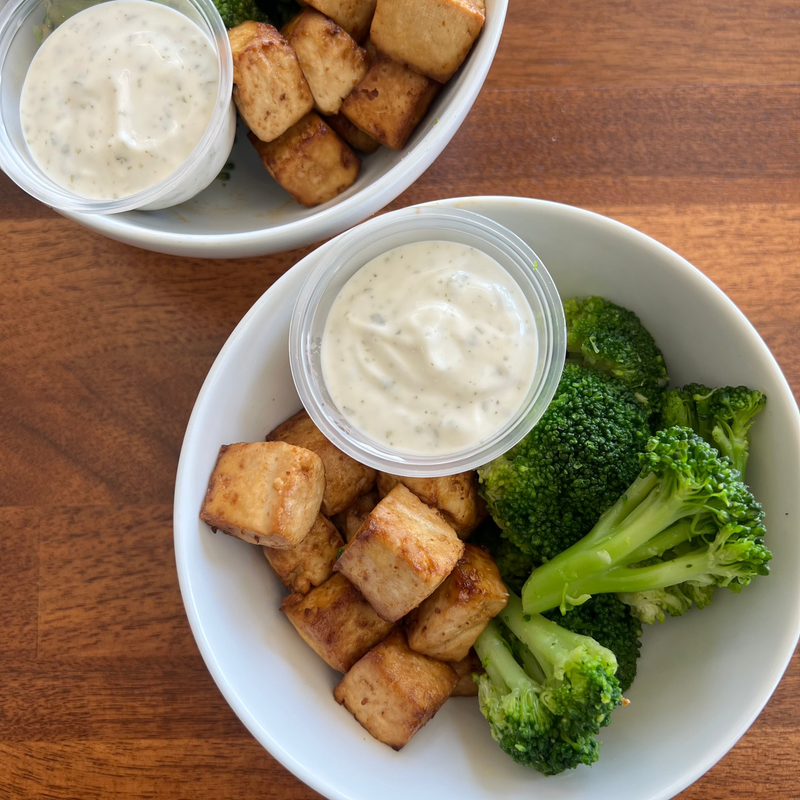 Air Fried Tofu with Steamed Broccoli and Lemon Aioli