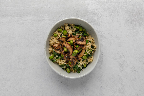 Kale + Quinoa Bowl with Asparagus and Sauteed Mushrooms